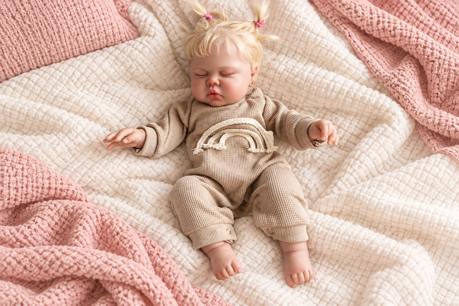 Bebé reborn rubio del inventario con conjunto tejido beige